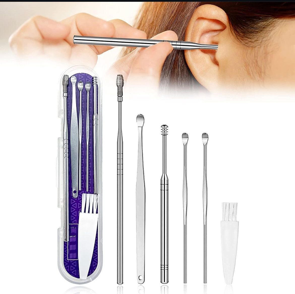 6 Pcs Ear Wax Removal Kit,Professional Double-Headed Ear Pick Earwax Removal Tools,316L Stainless Steel Ear Cleaner Curette with Cleaning Brush and Storage Box,Suit for Kid & Adult (Silver, Pack Of 1 - Essentials