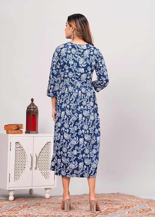 Anarkali Poly Crepe Printed Kurti for Women (Grey & Blue, M) - Essentials