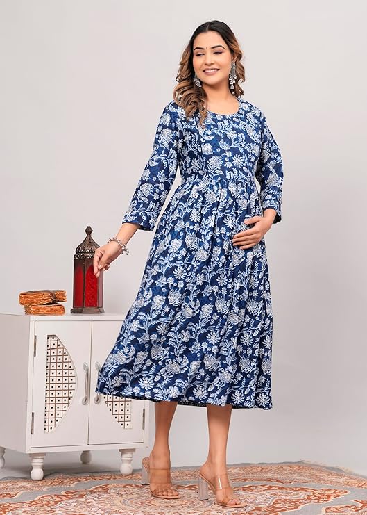 Anarkali Poly Crepe Printed Kurti for Women (Grey & Blue, M) - Essentials