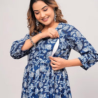 Anarkali Poly Crepe Printed Kurti for Women (Grey & Blue, M) - Essentials