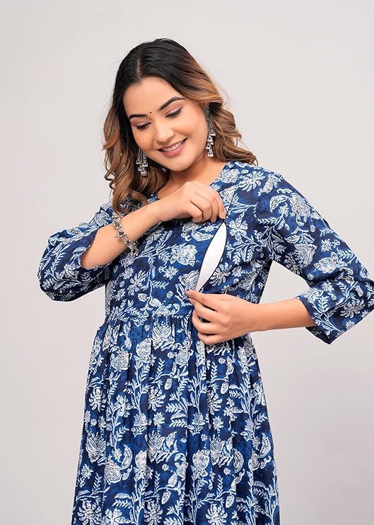 Anarkali Poly Crepe Printed Kurti for Women (Grey & Blue, M) - Essentials