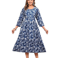Anarkali Poly Crepe Printed Kurti for Women (Grey & Blue, M) - Essentials
