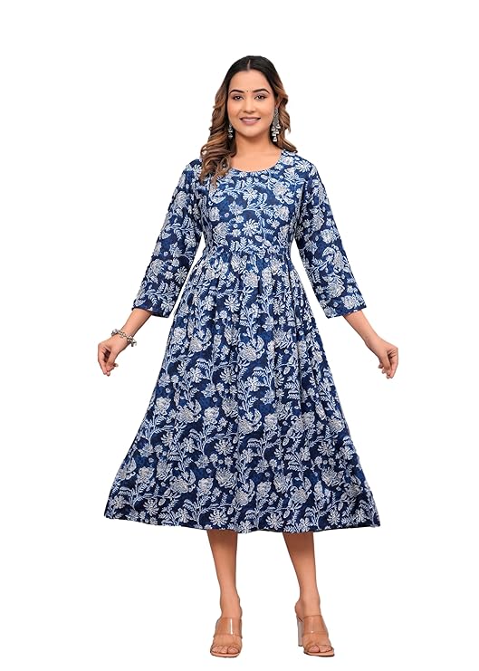 Anarkali Poly Crepe Printed Kurti for Women (Grey & Blue, M) - Essentials