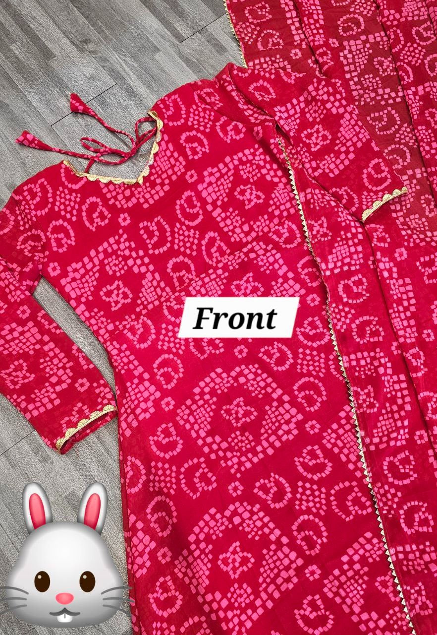 Women'S Red Bandhani Styles Gown - Essentials