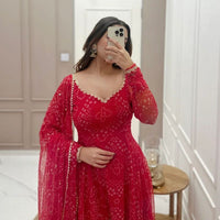 Women'S Red Bandhani Styles Gown - Essentials