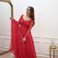 Women'S Red Bandhani Styles Gown - Essentials