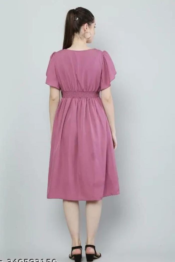 Women Pink Solid Viscose Rayon Fit And Flair Dress - Essentials