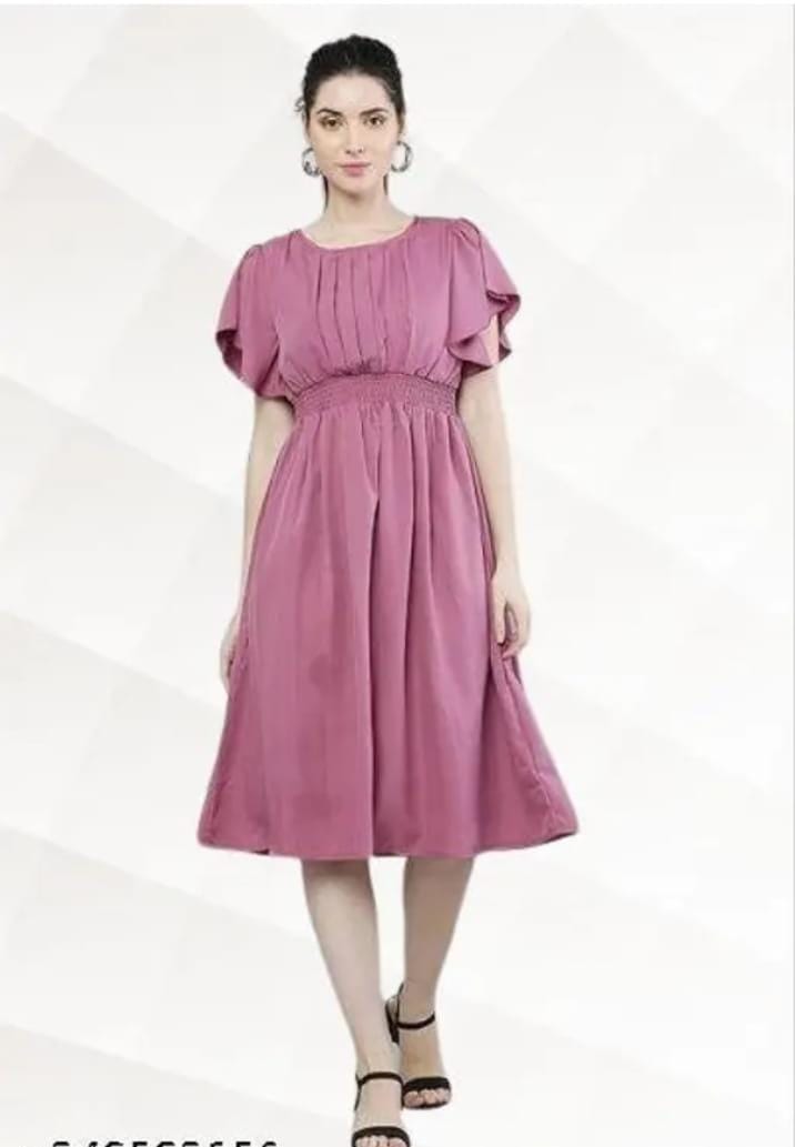 Women Pink Solid Viscose Rayon Fit And Flair Dress - Essentials