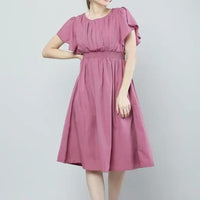 Women Pink Solid Viscose Rayon Fit And Flair Dress - Essentials