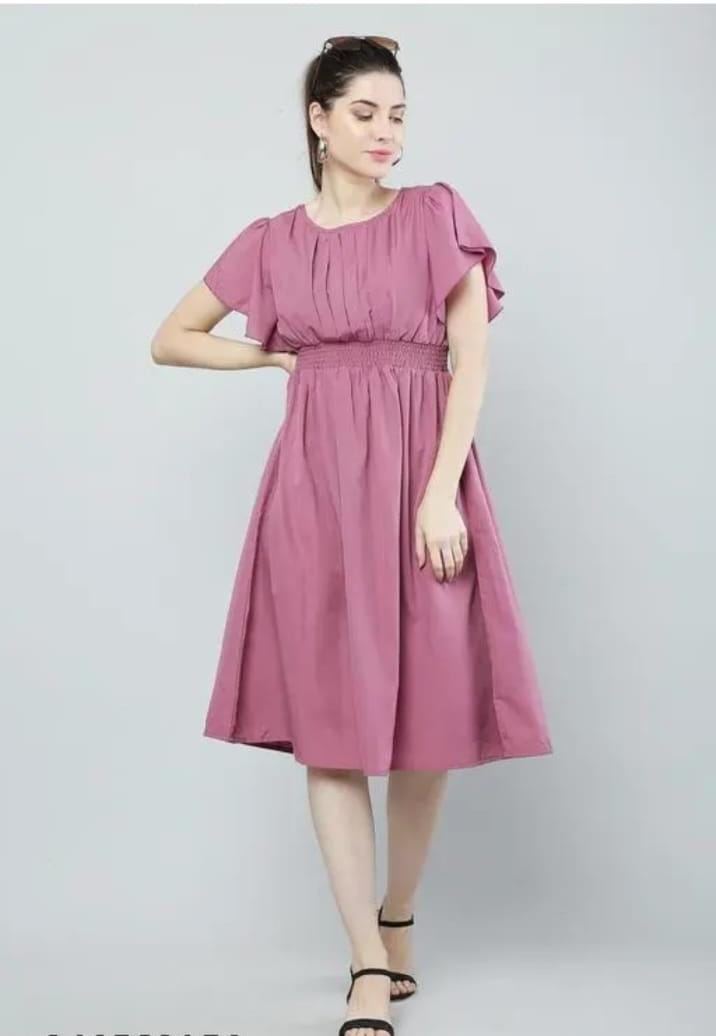 Women Pink Solid Viscose Rayon Fit And Flair Dress - Essentials