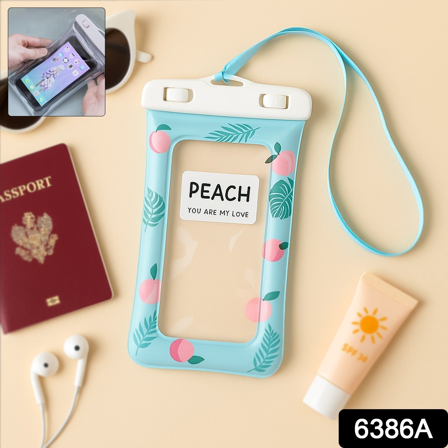 Waterproof Peach Transparent Mobile Pouch With Neck Strap (1 Pc) - Essentials