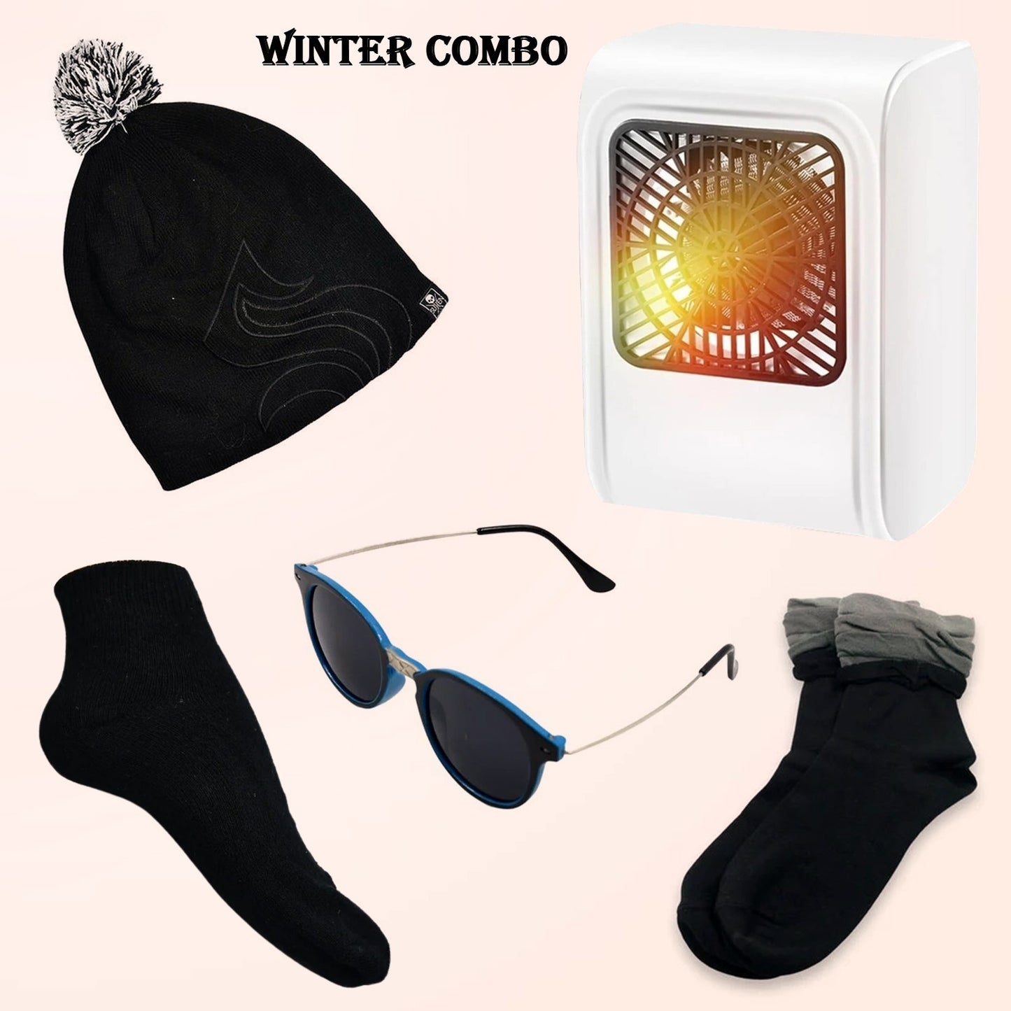 Winter Warm Set- Bennie Hat Room Heater Sunglasses And Socks (5 Pcs Combo) - Essentials