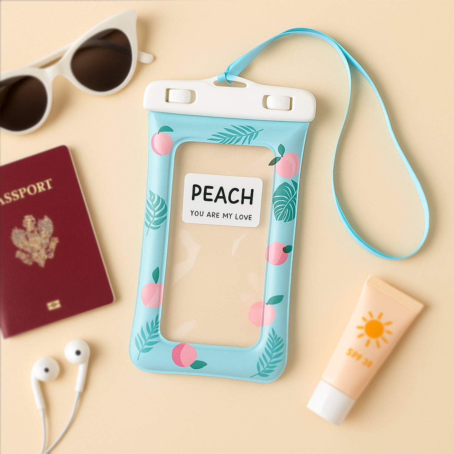 Waterproof Peach Transparent Mobile Pouch With Neck Strap (1 Pc) - Essentials