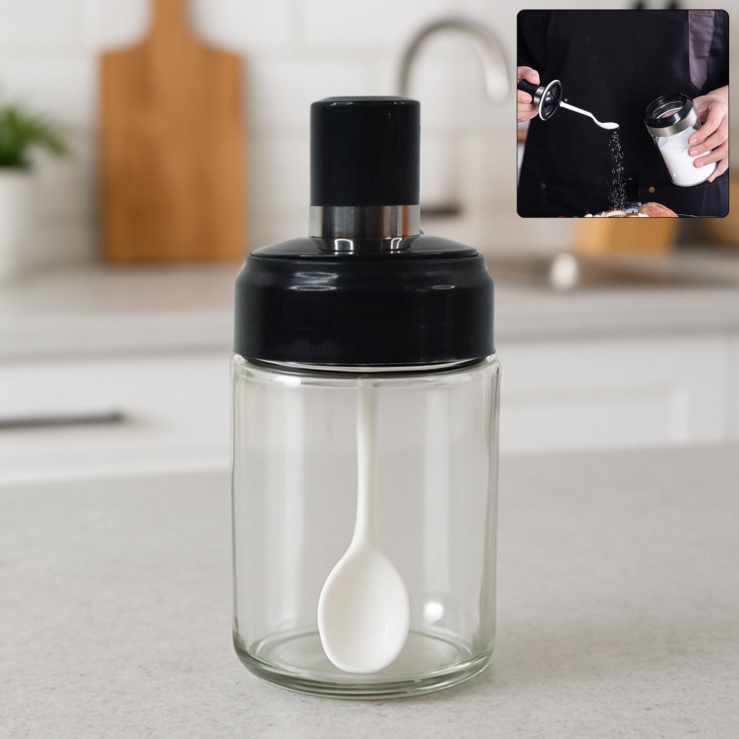 Transparent Glass Storage Jar With Built-in Spoon Approx 250ml - Essentials