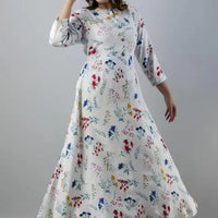 Anarkali Rayon Printed Kurti for Women (White & Blue, M) - Essentials