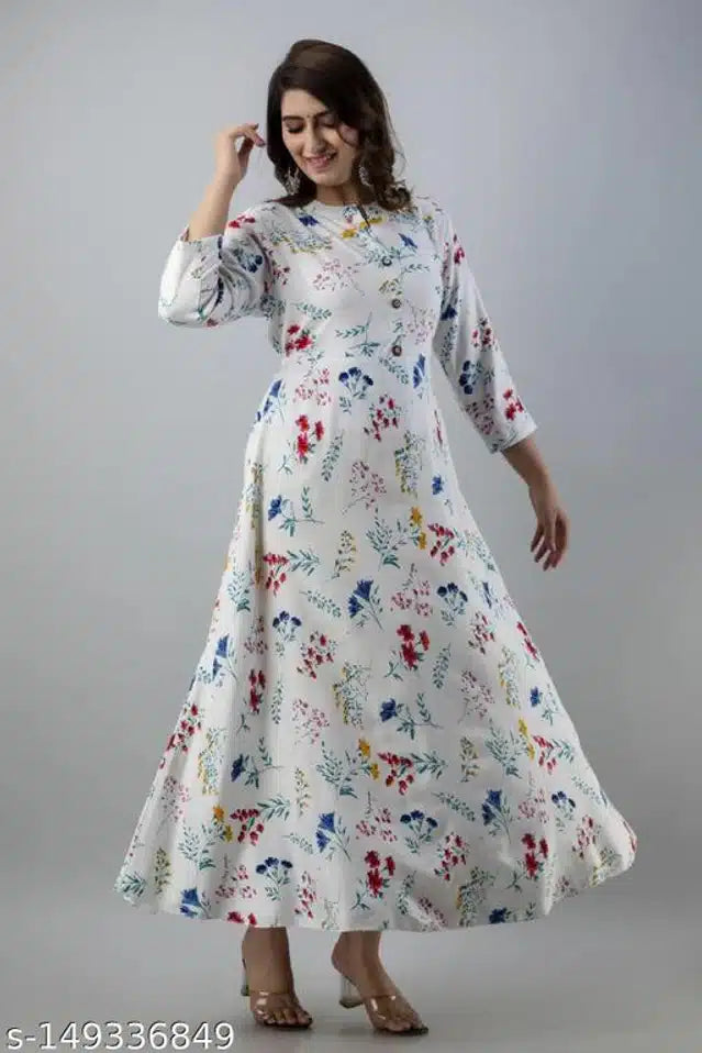 Anarkali Rayon Printed Kurti for Women (White & Blue, M) - Essentials