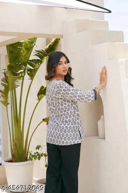 Stylish White Multicolor hand block print cotton kurti for Girls and Women - Essentials