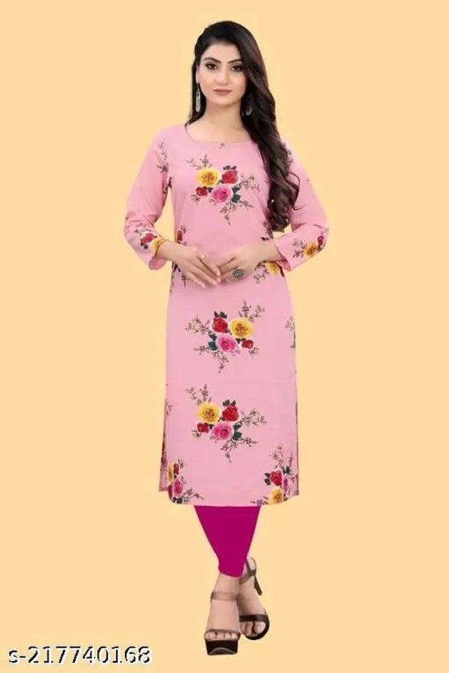 Crepe Printed Kurti for Women (Pink, S) - Essentials