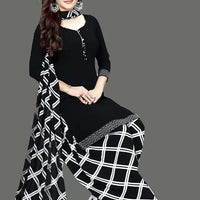 Crepe Printed Dress Material for Women & Girls (Black & White) - Essentials