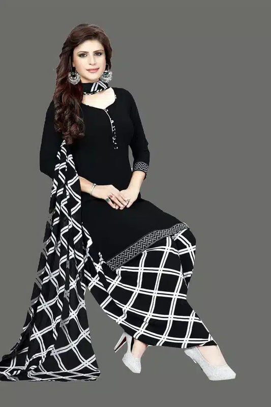 Crepe Printed Dress Material for Women & Girls (Black & White) - Essentials