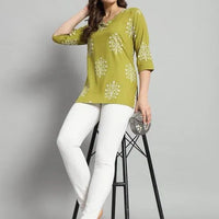 Printed Rayon Green Short Kurti For Girls and Women - Essentials