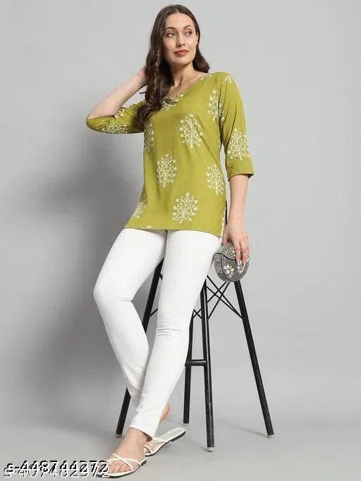 Printed Rayon Green Short Kurti For Girls and Women - Essentials