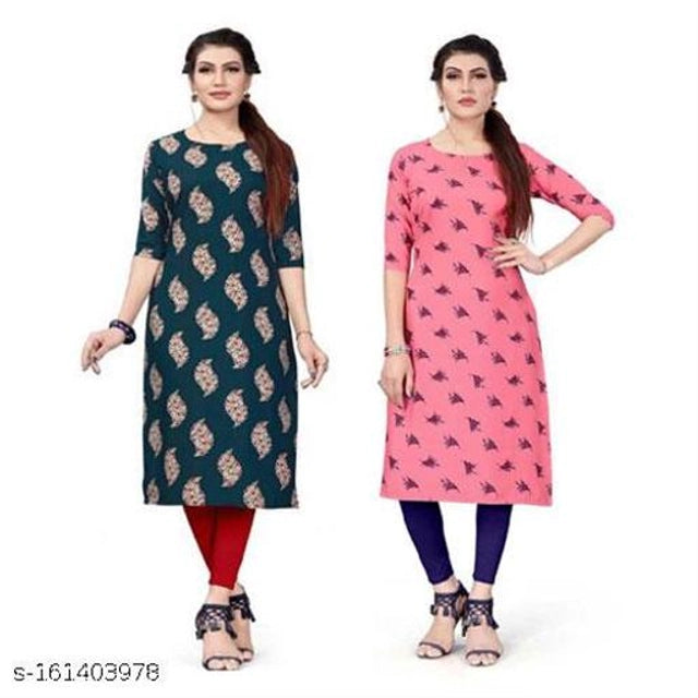 Crepe Printed Kurti for Women (Green & Pink, S) (Pack of 2) - Essentials