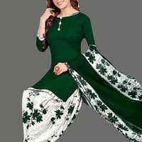 Crepe Printed Dress Material for Women & Girls (White & Green) - Essentials