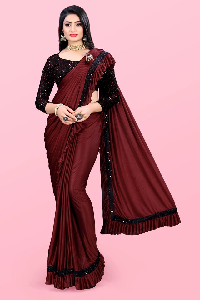 Lycra Blend Solid Saree for Women (Maroon, 6.3 m) - Essentials