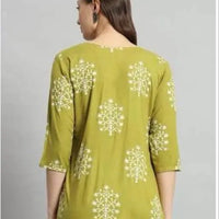 Printed Rayon Green Short Kurti For Girls and Women - Essentials