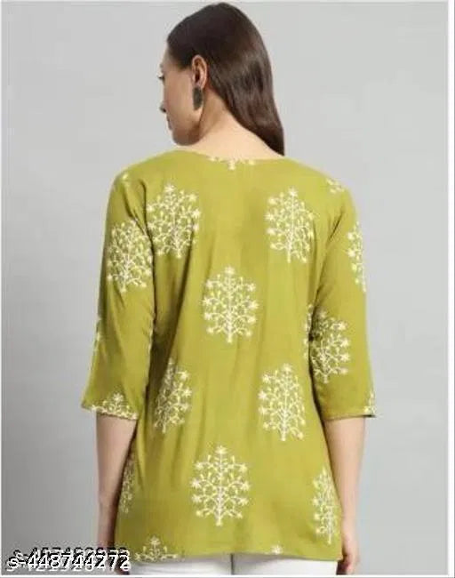 Printed Rayon Green Short Kurti For Girls and Women - Essentials