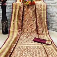 Banarasi Silk Saree With Blouse For Women (Golden & Purple, 6.3M) - Essentials