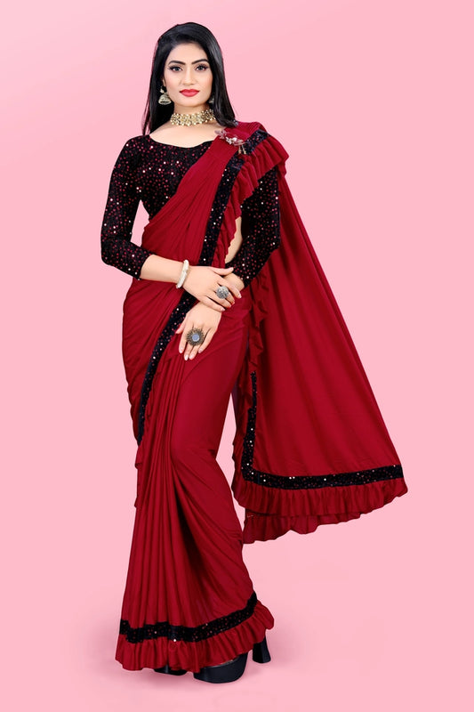 Lycra Blend Solid Saree for Women (Maroon, 6.3 m) - Essentials