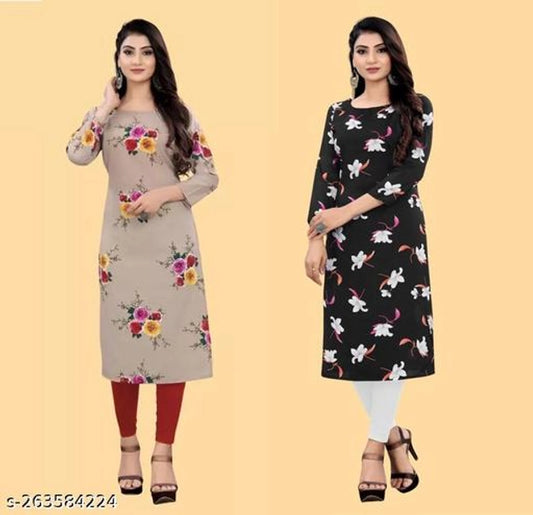 Crepe Printed Kurti for Women (Brown & Black, S) (Pack of 2) - Essentials