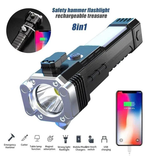 8 in 1 Portable Rechargeable Torch LED Flashlight - Essentials