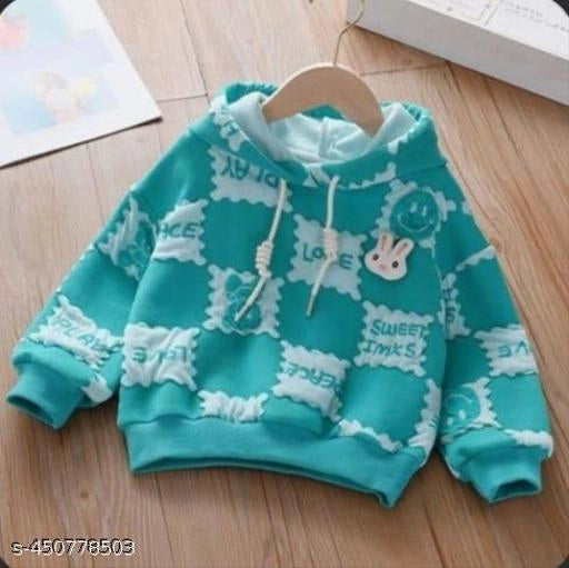 Woolen Printed Hoodie for Girls (Turquoise, 0-1 Years) - Essentials