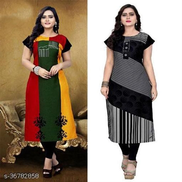 Crepe Printed Kurti for Women (Green & Grey, M) (Pack of 2) - Essentials