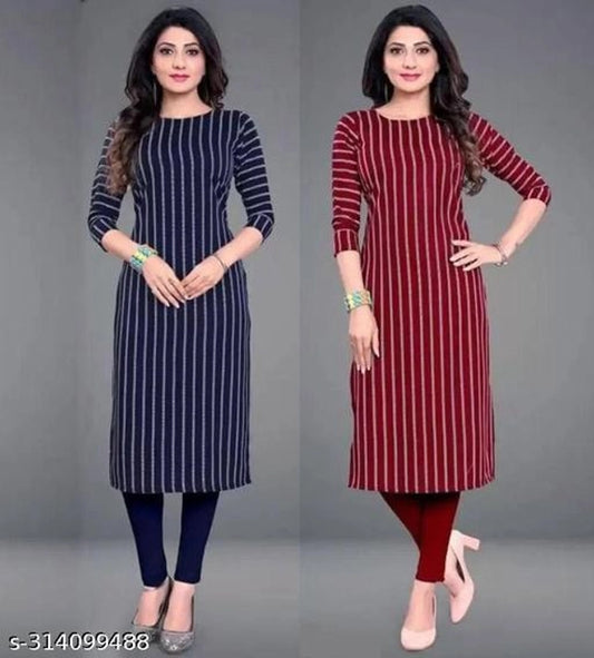 Crepe Striped Kurti for Women (Blue & Red, S) (Pack of 2) - Essentials
