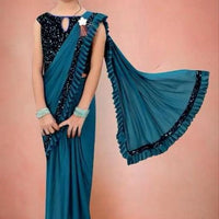 Lycra Solid Saree for Girls (Teal, 3-4 Years) - Essentials