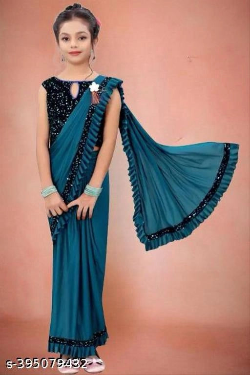 Lycra Solid Saree for Girls (Teal, 3-4 Years) - Essentials