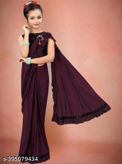 Lycra Solid Saree for Girls (Wine, 9-10 Years) - Essentials