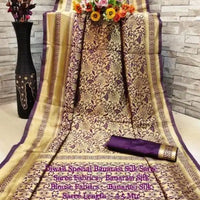 Banarasi Silk Saree With Blouse For Women (Golden & Purple, 6.3M) - Essentials