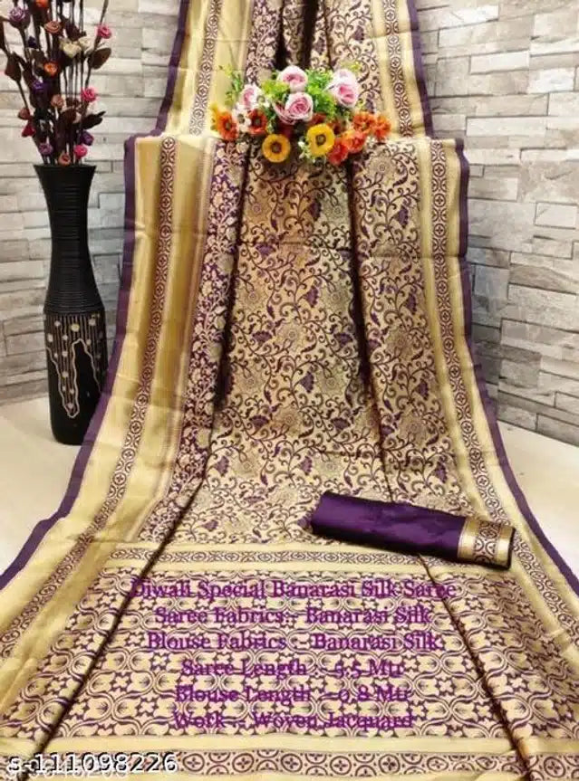 Banarasi Silk Saree With Blouse For Women (Golden & Purple, 6.3M) - Essentials