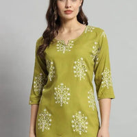 Printed Rayon Green Short Kurti For Girls and Women - Essentials