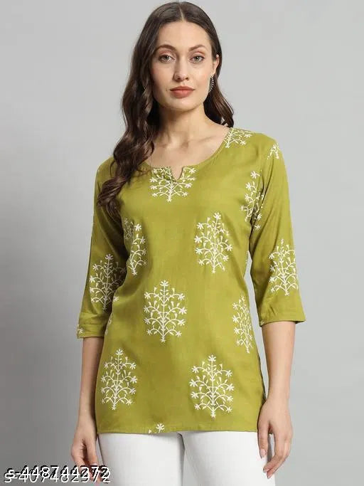 Printed Rayon Green Short Kurti For Girls and Women - Essentials