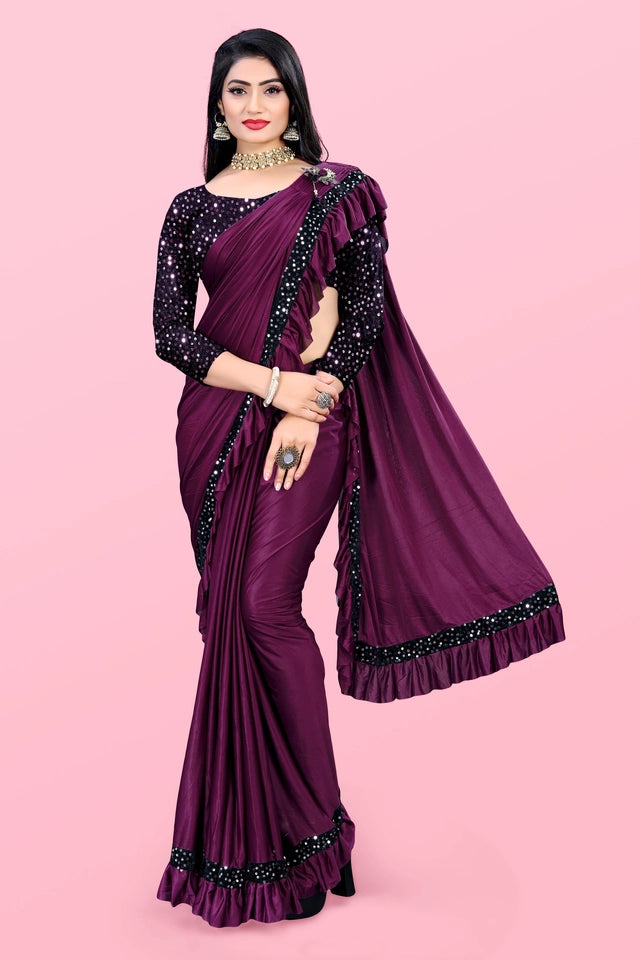 Lycra Blend Solid Saree for Women (Maroon, 6.3 m) - Essentials