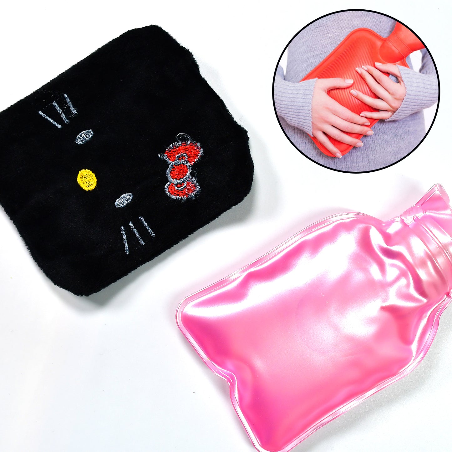 6513 Black Hello Kitty Small Hot Water Bag With Cover For Pain Relief Neck Shoulder Pain And Hand Feet Warmer Menstrual Cramps. - Essentials